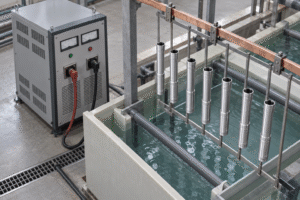 Anodizing rectifiers for aluminum industrial borescope objective barrel racks — equipment application illustration