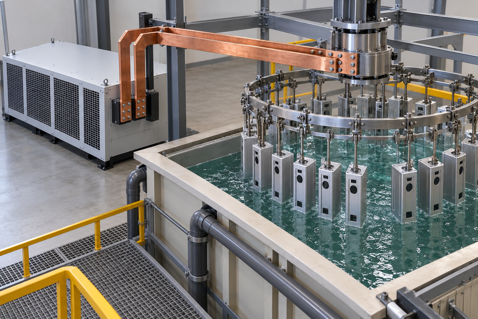 Anodizing rectifiers for aluminum automated pallet identification scanner enclosure racks — equipment application illustration